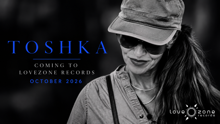 Black-and-white portrait of ToShKa wearing a cap, with blue lettering announcing Lovezone Records in October 2026.